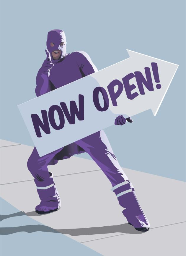 An illustration by Denver illustrator Jonathan Fenske of a sign spinning Purple Man